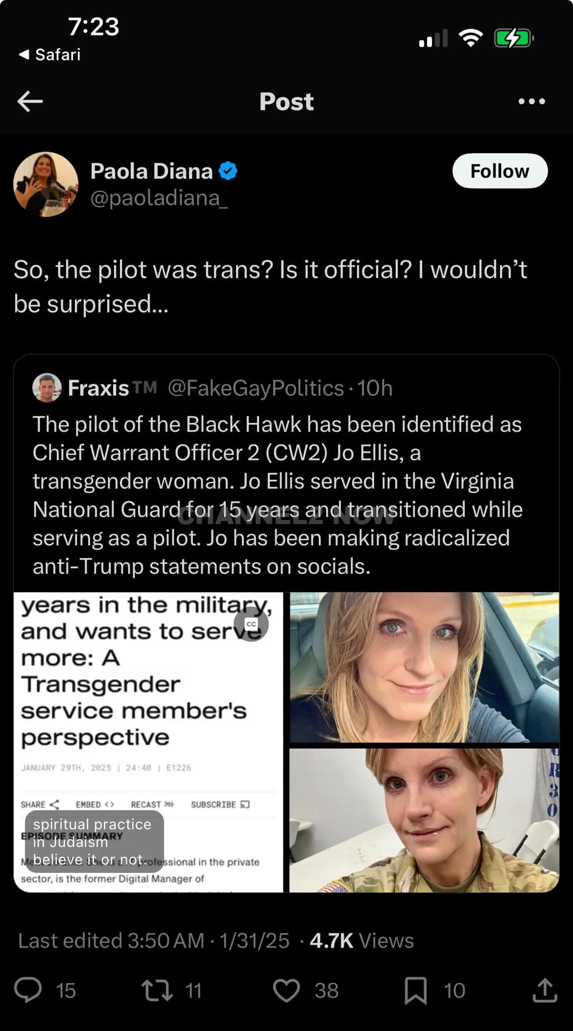 Transgender National Guard Pilot Jo Ellis Falsely Accused of Flying Black Hawk Helicopter in Fatal D.C. Midair Collision